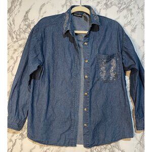 Get Lucky Rhinestone Denim Shirt - Lion Design - Long Sleeves - Button Up Small